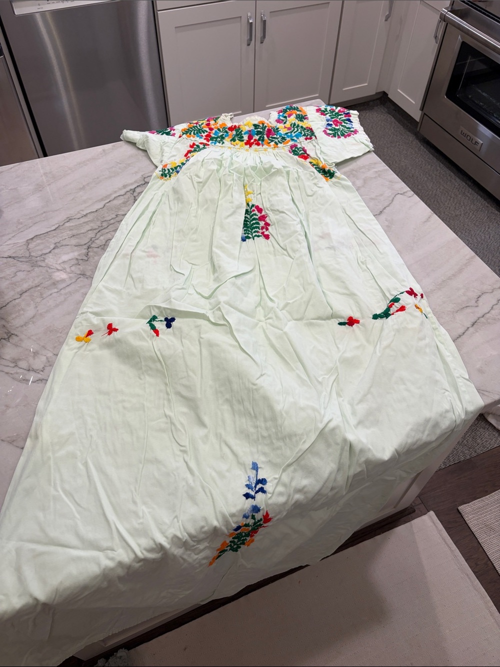 Light Green Mexican Maxi Dress with Colorful Floral Embroidery x-long SZ S